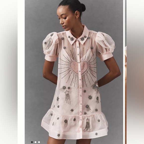 Anthropologie Dresses & Skirts - Maeve Short Sleeve Embellished Heart Embroidered Beaded Mini Shirt Dress S